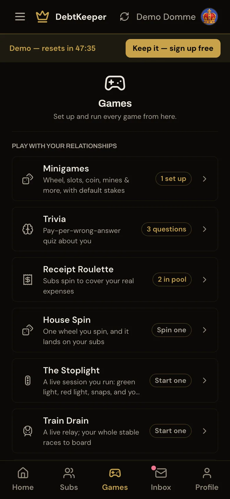 The DebtKeeper games list in the demo: minigames, trivia, Receipt Roulette, House Spin, The Stoplight and Train Drain