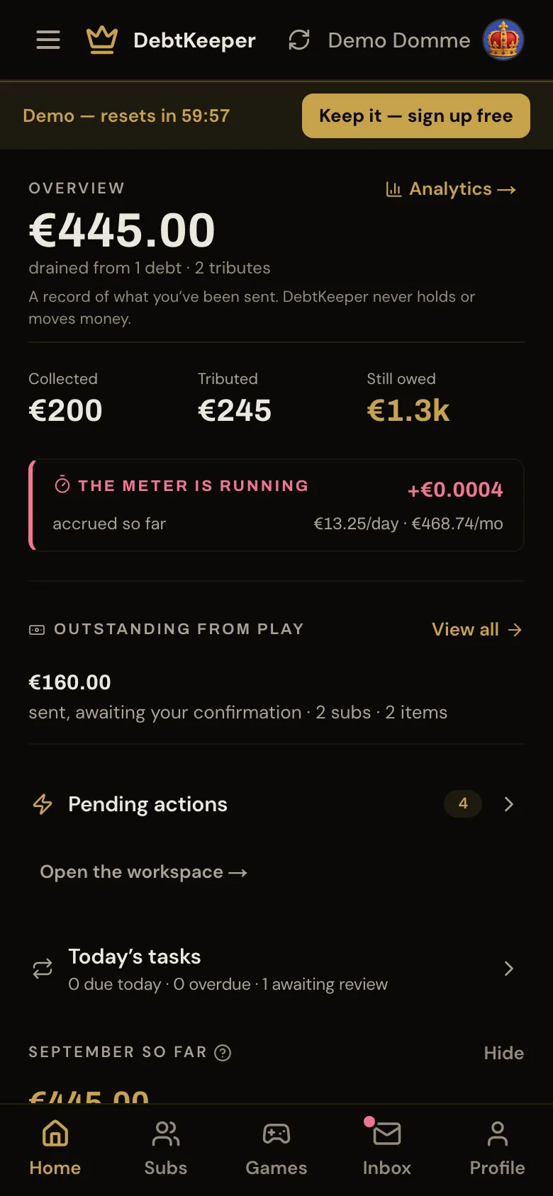 DebtKeeper's home screen in the demo: €445 drained from one debt and two tributes, the collected, tributed and still-owed totals, and the interest meter ticking up live
