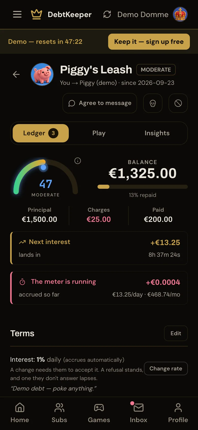 Piggy's Leash in the DebtKeeper demo: the ledger both sides see, with a €1,325 balance on a €1,500 principal, charges and payments, the next interest landing and the running meter