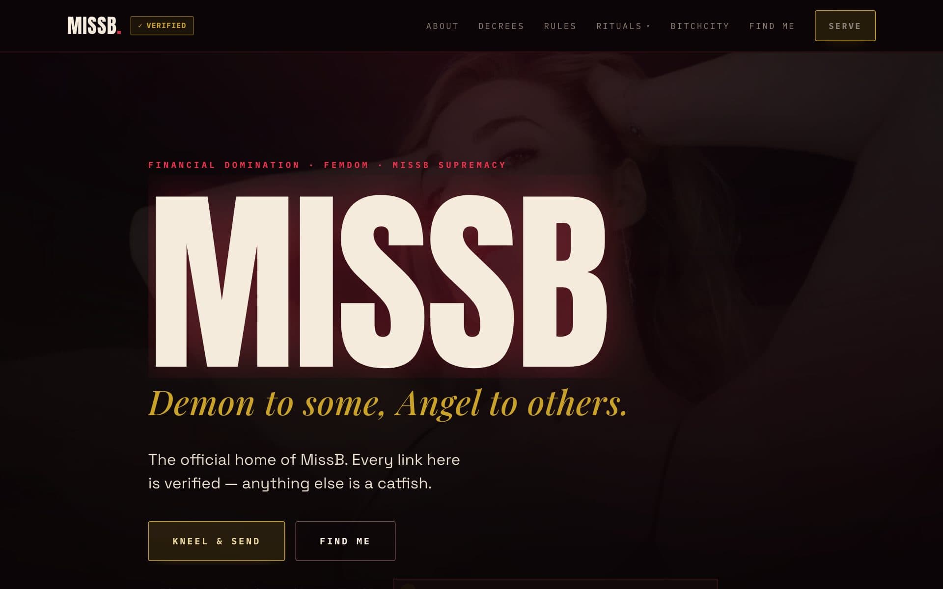 Miss B's custom findom site on missbfindom.com, rebuilt off WordPress by Red Ink Lab