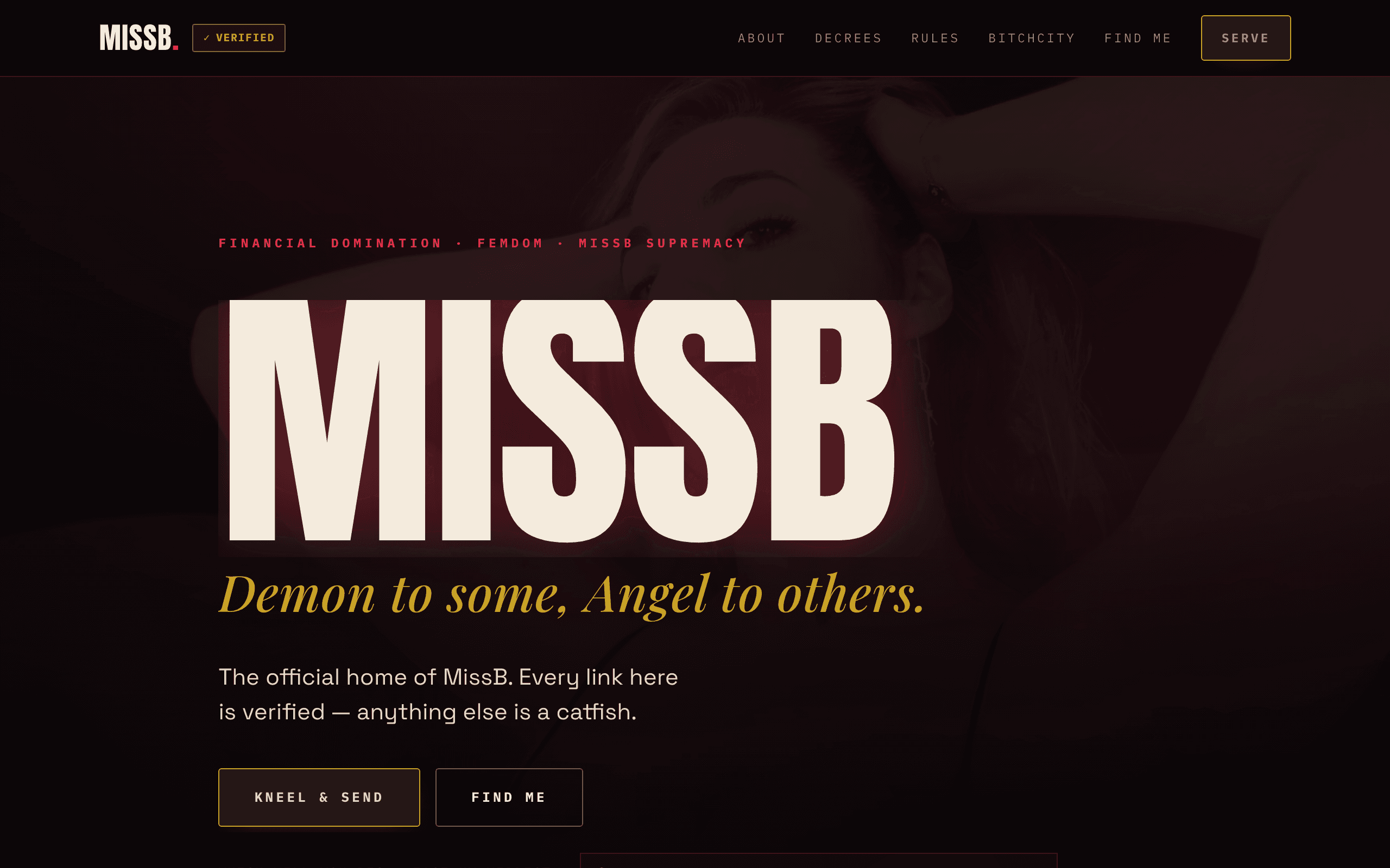Miss B’s rebuilt homepage — the MISSB wordmark over a moody editorial portrait, with a live “accepting servants” status bar.